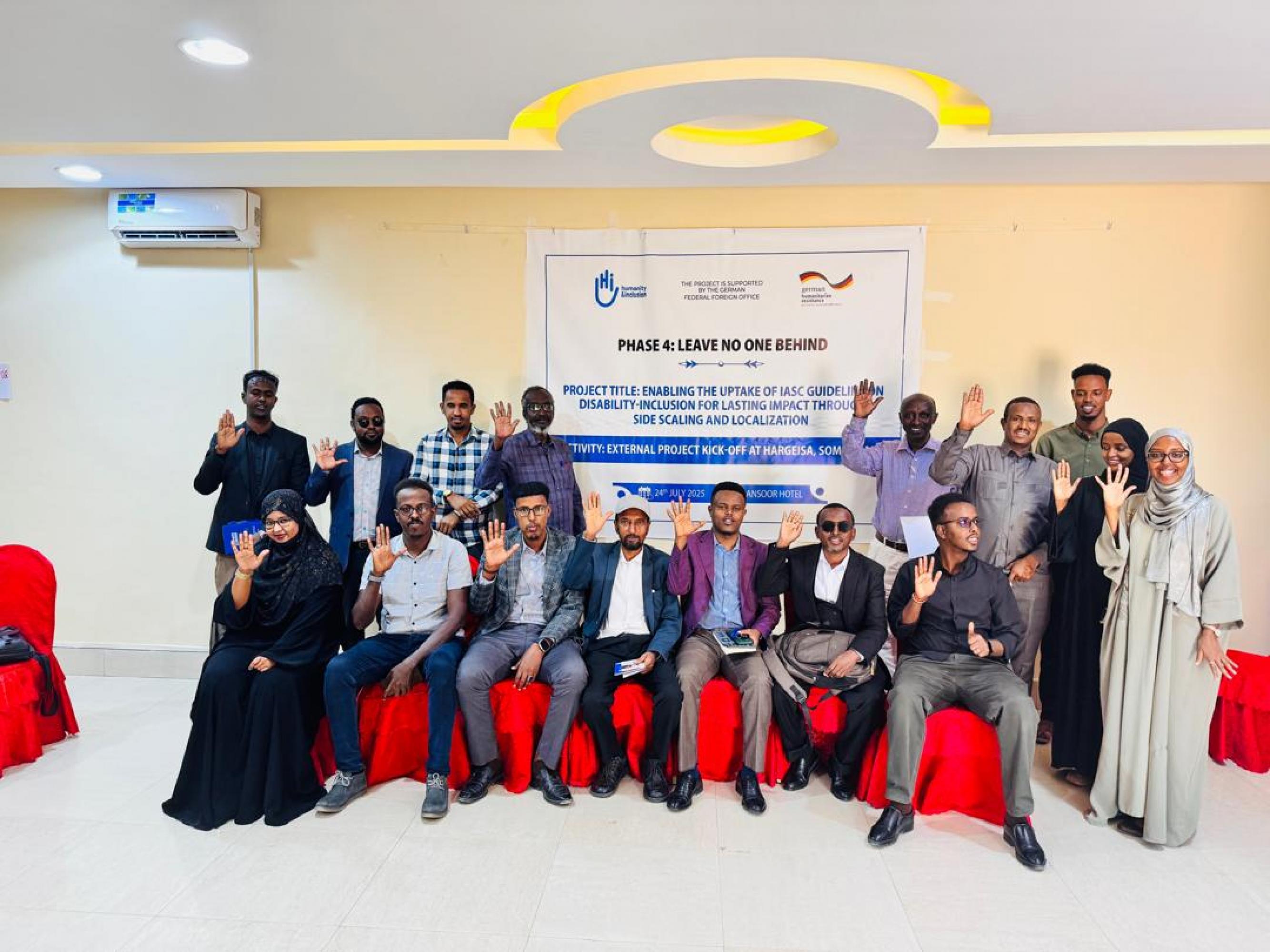 Participants and facilitators pose for a group photo during the LNOB Phase 4 project kick-off events held on 24 July 2025 in Hargeisa, Somaliland. © Abdishakur Abdilahi- Senior MEAL Officer at HI