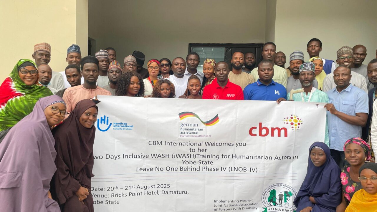 Participants and facilitators pose for a group photo during the LNOB Inclusive WASH training held from 20-21 August 2025 in Damaturu, Yobe State, Nigeria © CBM