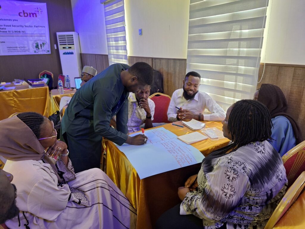 Seven participants are discussing and writing on flip chart paper during the group work session. © CBM