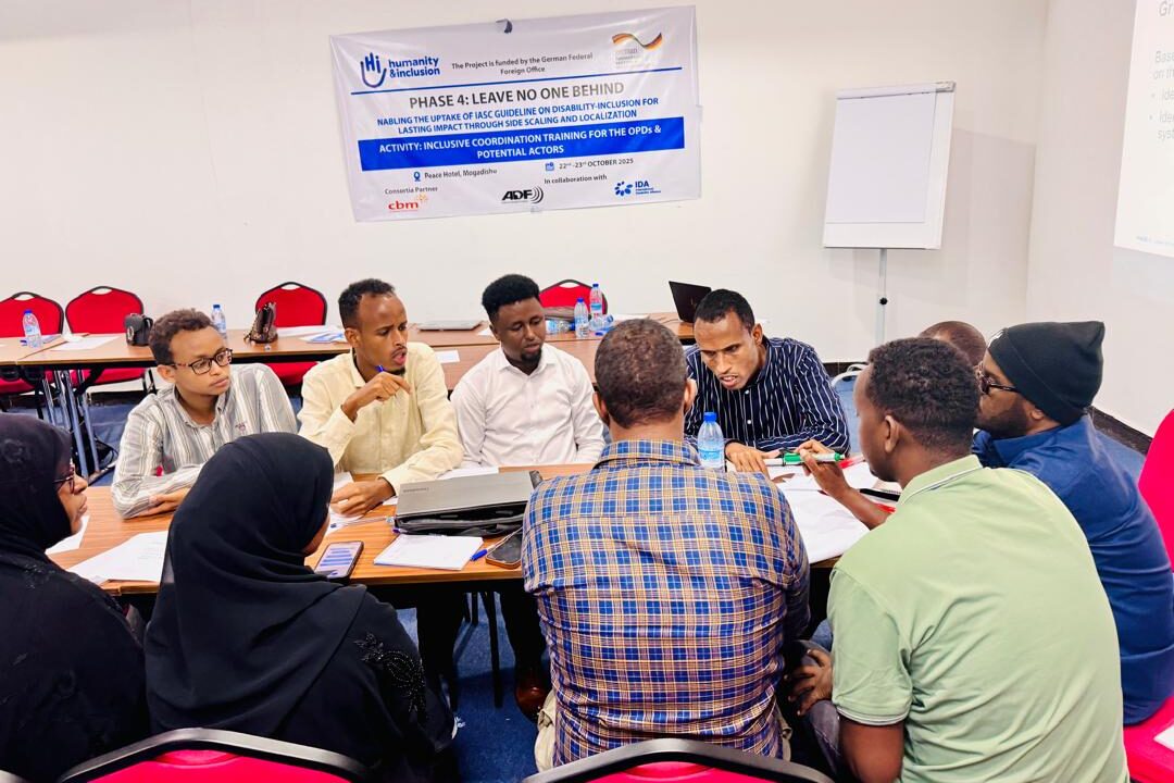 Participants group work pose during Inclusive Coordination training in Peace Hotel, Mogadishu, Somalia