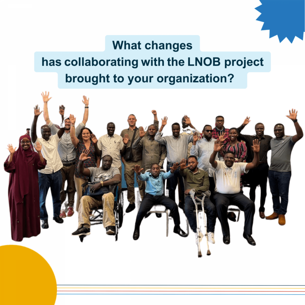 Group from the last OPD peer-exchange workshop in Uganda, smiling and waving. Above them there is a textbox: "What changes has collaborating with the LNOB project brought to your organization?".