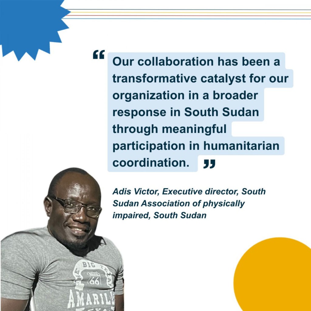Portrait of the executive director of local OPD SSAPI from South Sudan, alongside an illustrated quote from him: "Our collaboration has been a transformative catalyst for our organization in a broader response in South Sudan through meaningful participation in humanitarian coordination."