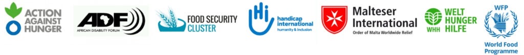 Action Against Hunger Logo, ADF Logo, Food Security Cluster Logo, Humanity & Inclusion Logo, Malteser International Logo, Welt Hunger Hilfe Logo, World Food Programme Logo