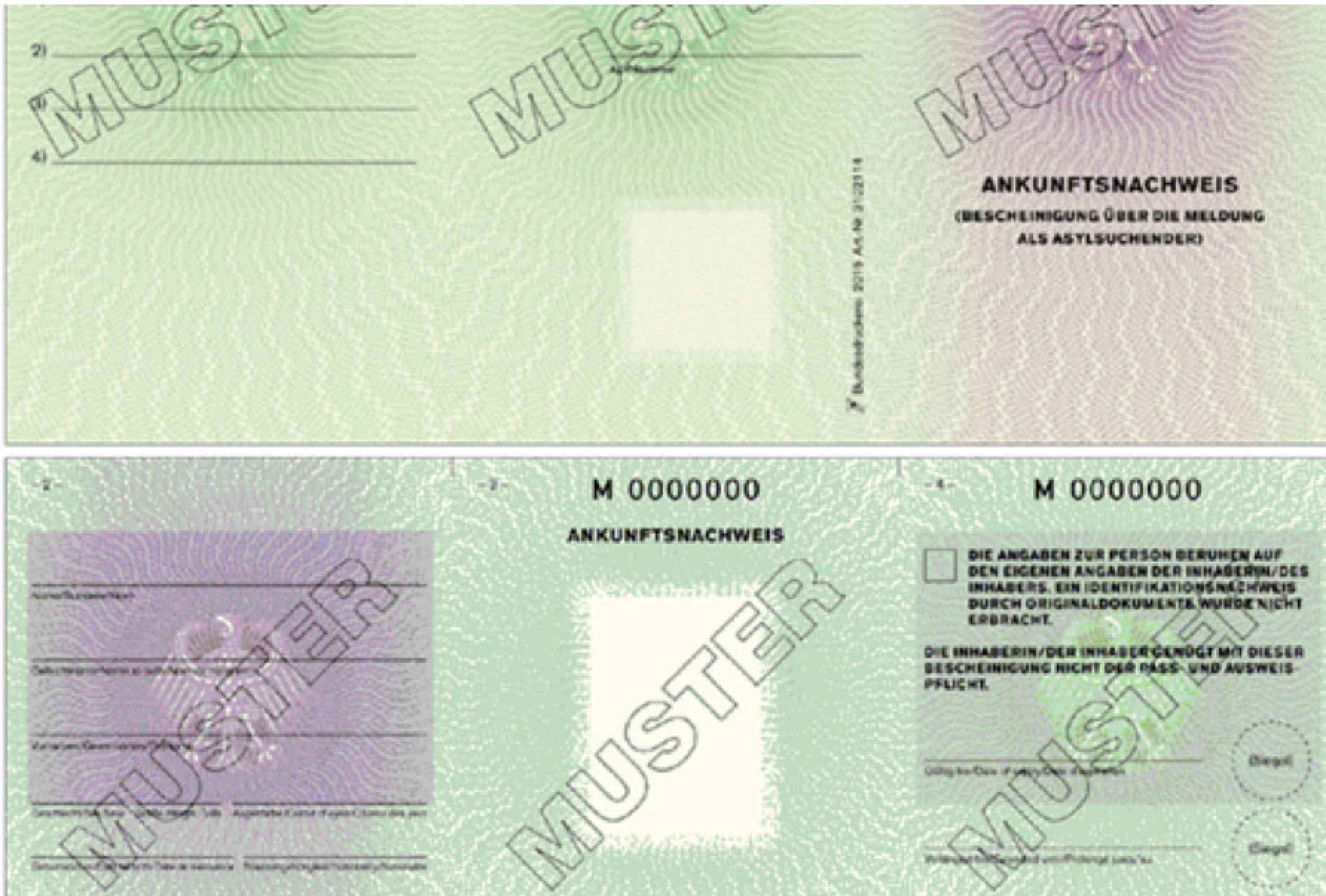 Muster eines Ankunftsnachweis (Vorder- und Rückseite) gemäß Verordnung über die Bescheinigung über die Meldung als Asylsuchender (Ankunftsnachweisverordnung - AKNV) Anlage 4 (zu § 5)