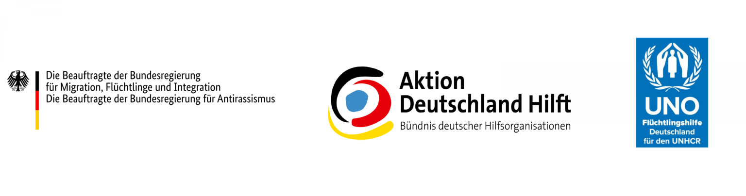 Logo der Beauftragten der Bundesregierung für Migration, Flüchtlinge und Integration. Die Beauftragte der Bundesregierung für Antirassismus. Logo: Aktion Deutschland Hilft Bündnis deutscher Hilfsorganisationen. Logo: UNO Flüchtlingshilfe Deutschland für den UNHCR