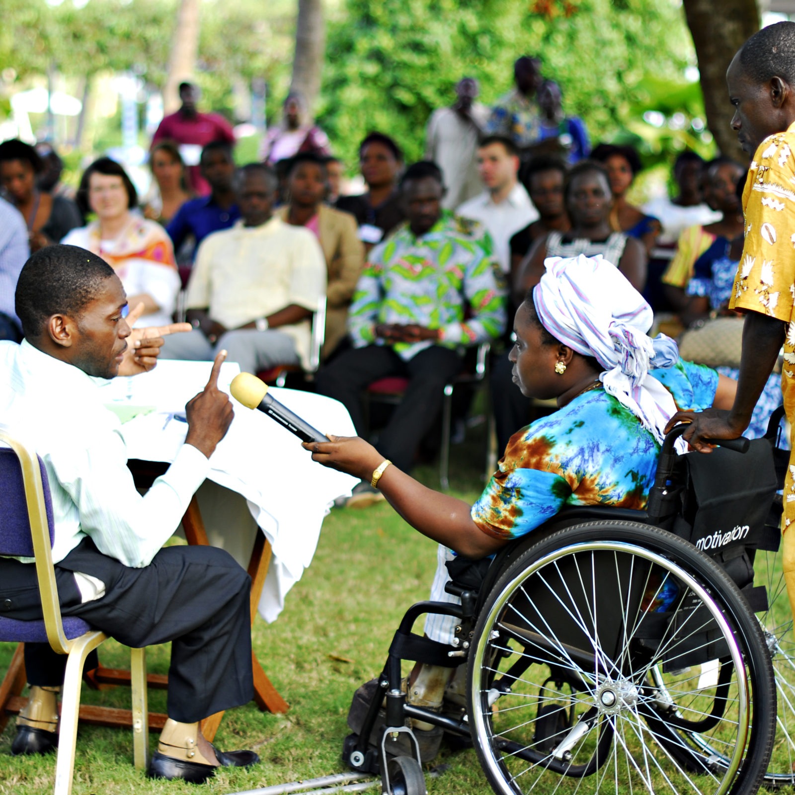 11-11-20 -- LOME, TOGO -- Handicapped members of the theatrical group 'Tibi' act out a short sketch prior to Sunday's side-event at the Mercure Sarakawa Hotel in Lomé on November 20. Photo by Daniel Hayduk