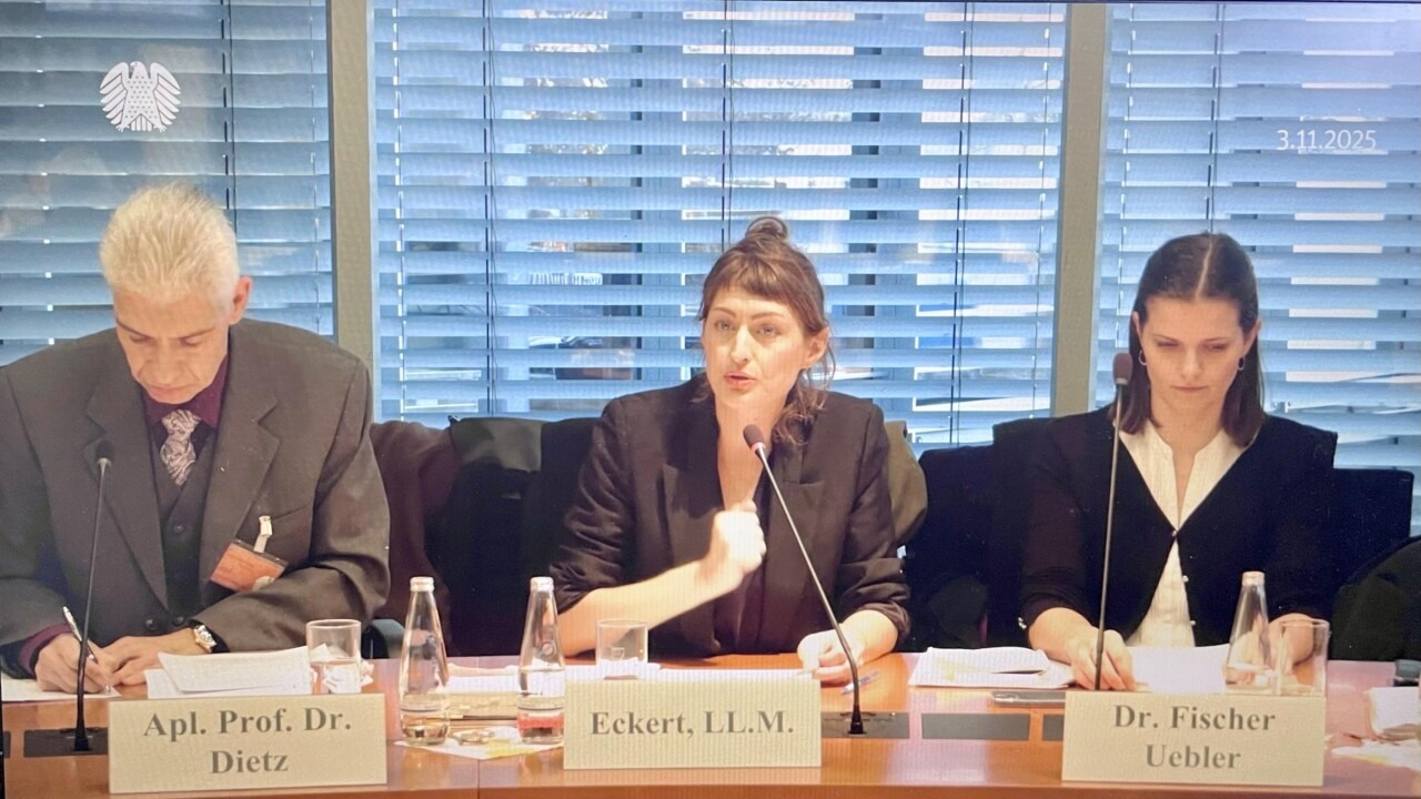 Sophia Eckert bei ihrer Rede im Ausschuss des Deutschen Bundestags in der Bildmitte. Weitere Redner links und rechts von ihr.