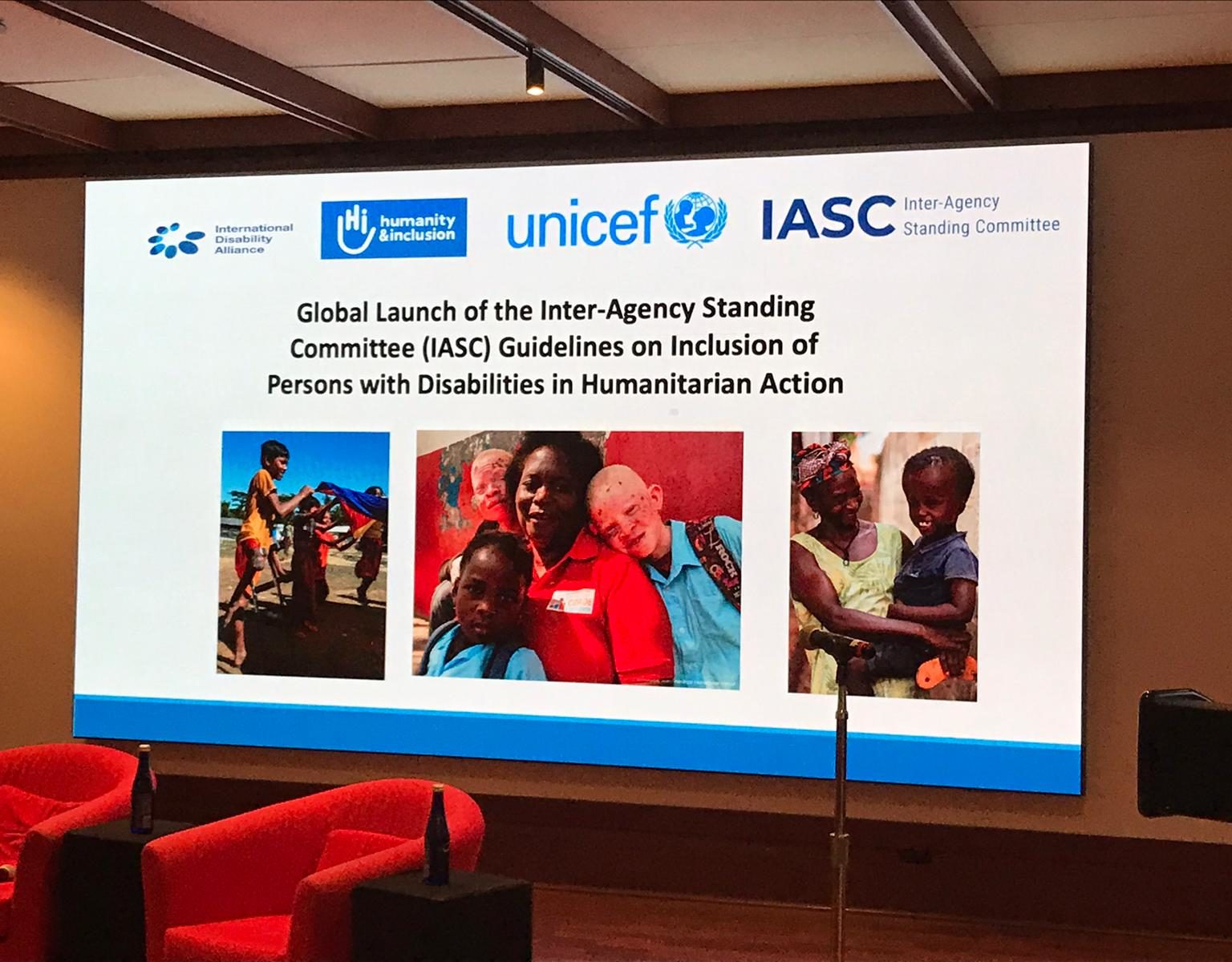 Global launch of the IASC guidelines in New York (November, 2019). Event room with the backdrop of the event.
