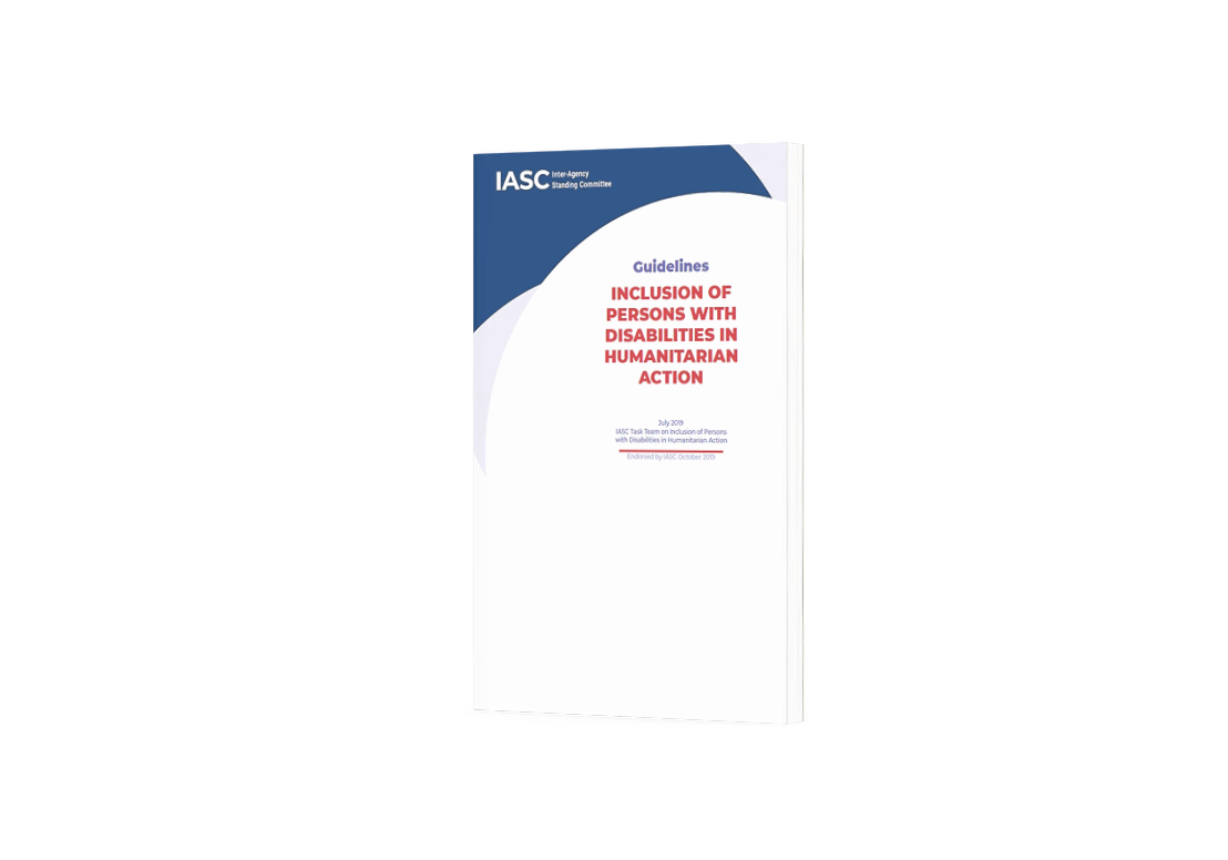 The photo shows the IASC Guideline on the Inclusion of Persons with Disabilities in Humanitarian Action.