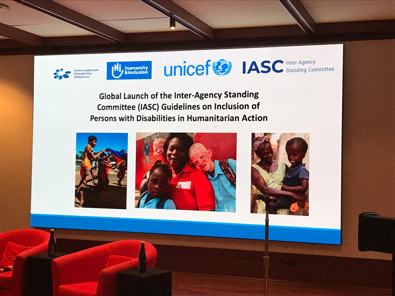Globaler Launch der IASC-Leitlinien in New York (November, 2019). Veranstaltungsraum mit dem Backdrop der Veranstaltung.